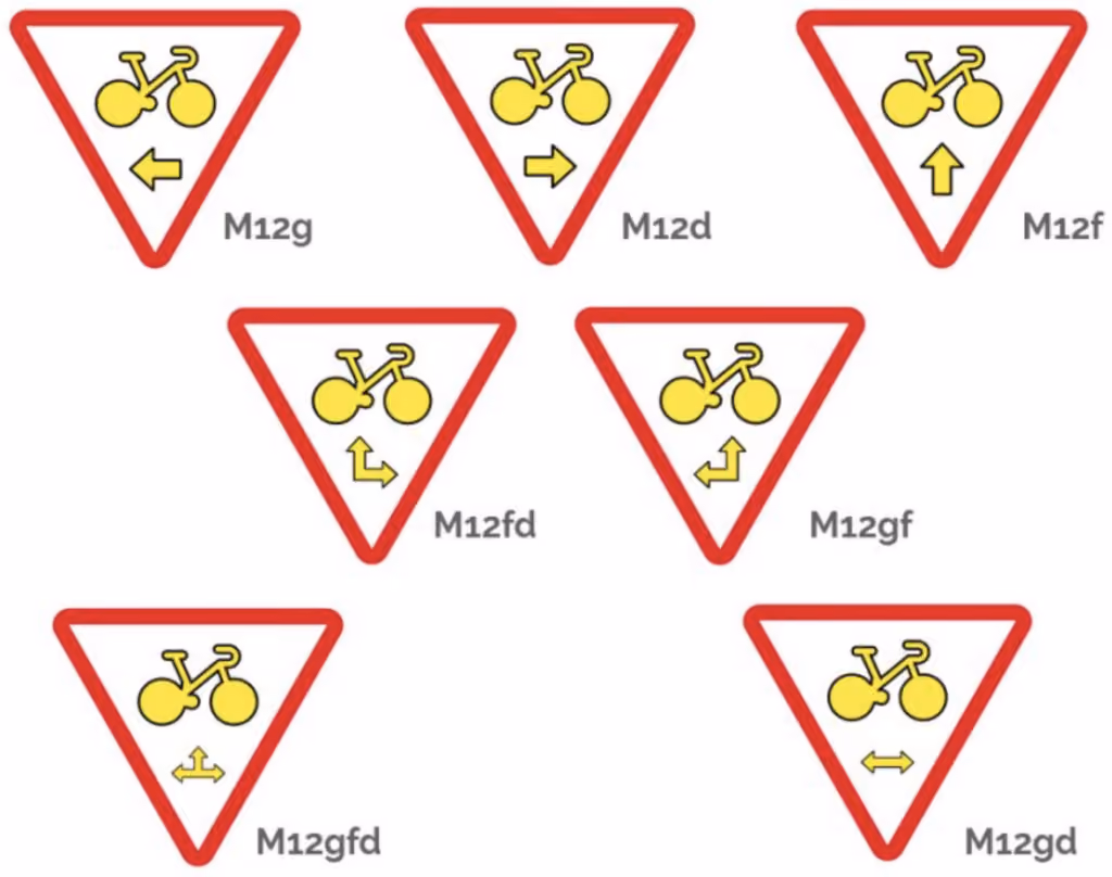 Différents panneaux M12, tous triangulaires, pointe vers le bas, avec un vélo jaune sur fond blanc et le triangle entouré en rouge. Sous le vélo jaune, une flèche jaune qui peut être vers la gauche (M12g) vers la droite (M12d), vers l’avant (M12f), en face et à droite (M12fd), en face et à gauche (M12gf), dans les trois directions (M12gfd) ou à droite et à gauche (M12gd)