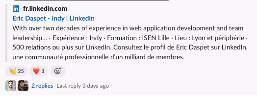 25 emojis bravo et 1 cœur sur un message Slack