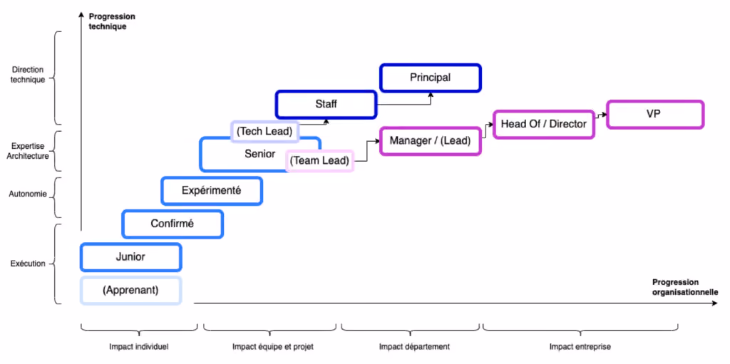 Graphique explicitant les niveaux sur deux axes : Progression technique et progression organisationnelle.<br><br>Les niveaux junior, confirmé, expérimenté puis senior vont croissant sur les deux axes. Un niveau grisé « apprenant » apparaît sous le niveau junior dans l’axe de progression technique mais à la même progression organisationnelle.<br><br>Au-delà de senior sont tracés dans une autre couleur les niveau staff et principal, montant sur l’axe technique et organisationnel. Un niveau grisé « tech lead » se trouve au même niveau organisationnel que le niveau senior mais très légèrement au-dessus en terme de progression technique.<br><br>Dans une troisième couleur on trouve les niveau de manager, directeur et vp. Ils progressent très faiblement sur l’axe technique mais très fortement sur l’axe organisationnel. Un niveau grisé « team lead » se trouve sur le bas du niveau senior en axe technique mais très légèrement plus avancé sur l’axe organisationnel.<br><br>Les niveaux apprenant et junior sont indiqués en « exécution » sur l’axe technique et « impact individuel » sur l’axe organisationnel.<br><br>Le niveau expérimenté est indiqué en « autonomie » sur l’axe technique et à cheval entre « impact individuel » « impact équipe et projet » sur l’axe organisationnel.<br><br>Le niveau senior est sur « expertise, architecture » sur l’axe technique et « impact équipe et produit » sur l’axe organisationnel.<br><br>Les rôles de staff et principal sont sur « direction technique » sur l’axe technique, entre « impact équipe et projet » et « impact département » pour le rôle de staff et totalement sur « impact département » pour le rôle de principal sur l’axe organisationnel.<br><br>Le rôle de manager est positionné en « expertise, architecture » sur l’axe technique et « impact département » sur l’axe organisationnel (au même niveau que le rôle de principal). Le rôle de directeur est sur « impact entreprise » sur l’axe organisationnel. Le rôle de VP est sur le début de « direction technique » sur l’axe technique et en bout de « impact entreprise » sur l’axe organisationnel.