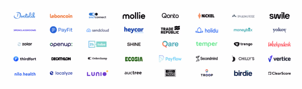 Doctolib, Le bon coin, SNCF Connect, Mollie, Qonto, Nickel, Spauldring Ridge, Swile, Open Classrooms, Payfit, Sendcloud, Heycar, trade republic logo, Holidu, Money Box, Yokoy, partenaire, Openup, 2b tube, Shine logo, Qare, Temper, Trengo, Weekendesk, Thirdfort, partenaire, Orderchamp, Ecosia, Payflow, SecondMind, Chillys, Vertice, Nilo Health, Localyze, Lunio, Auctree, Ford truck, Troop, Birdie, Clear Score