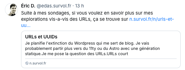 Capture d'un message de réseau social. Le slug du lien est tronqué à une dizaine de caractères. En dessous une carte est visible avec le titre complet, les trois premières lignes du contenu, et le nom e domaine du site.